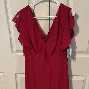 David’s bridal color apple deep v neck flutter sleeves. Bridesmaid dress.